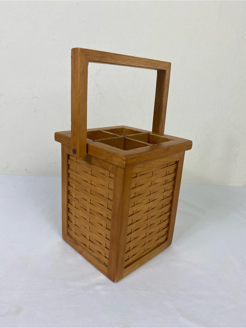 Vintage Wooden Woven Utensils Basket Tote in Honey Brown